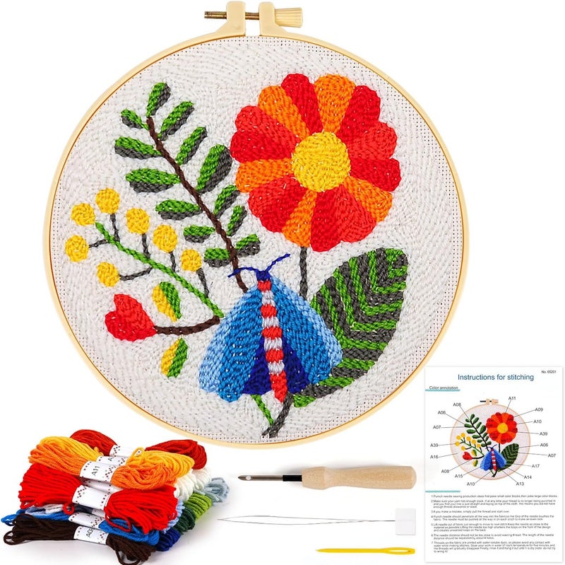 KESTAR Punch Needle Embroidery Starter Kits, Flower Dragonfly Punch Needle Kits for Adults Beginner, Needle Punch Kit Tool with Instruction Threader Fabric Yarns and Hoop - Image 1